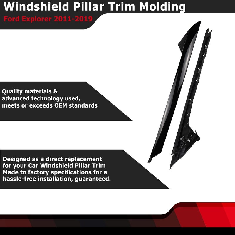 FEXON طقم تزيين عمود الزجاج الأمامي الخارجي والداخلي الجانبي الأيسر متوافق مع فورد إكسبلورر 2011 2012 2013 2014 2015 2016 2017 2018 2019 يستبدل 926-450 (يسار 2 قطعة، أسود لامع) - Image 2